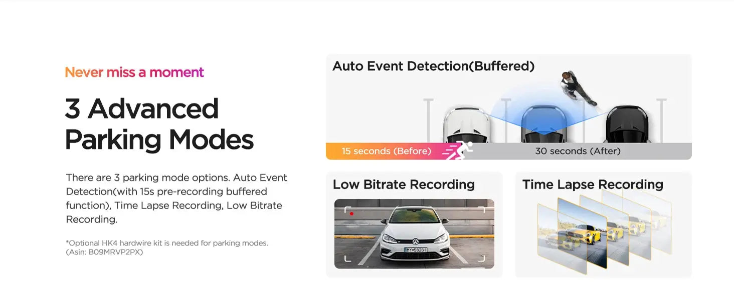 VIOFO A119MINI-2 dash cam by Simples Market; 3 Advanced Parking Modes: Auto Event Detection (Buffered), Low Bitrate, Time Lapse.