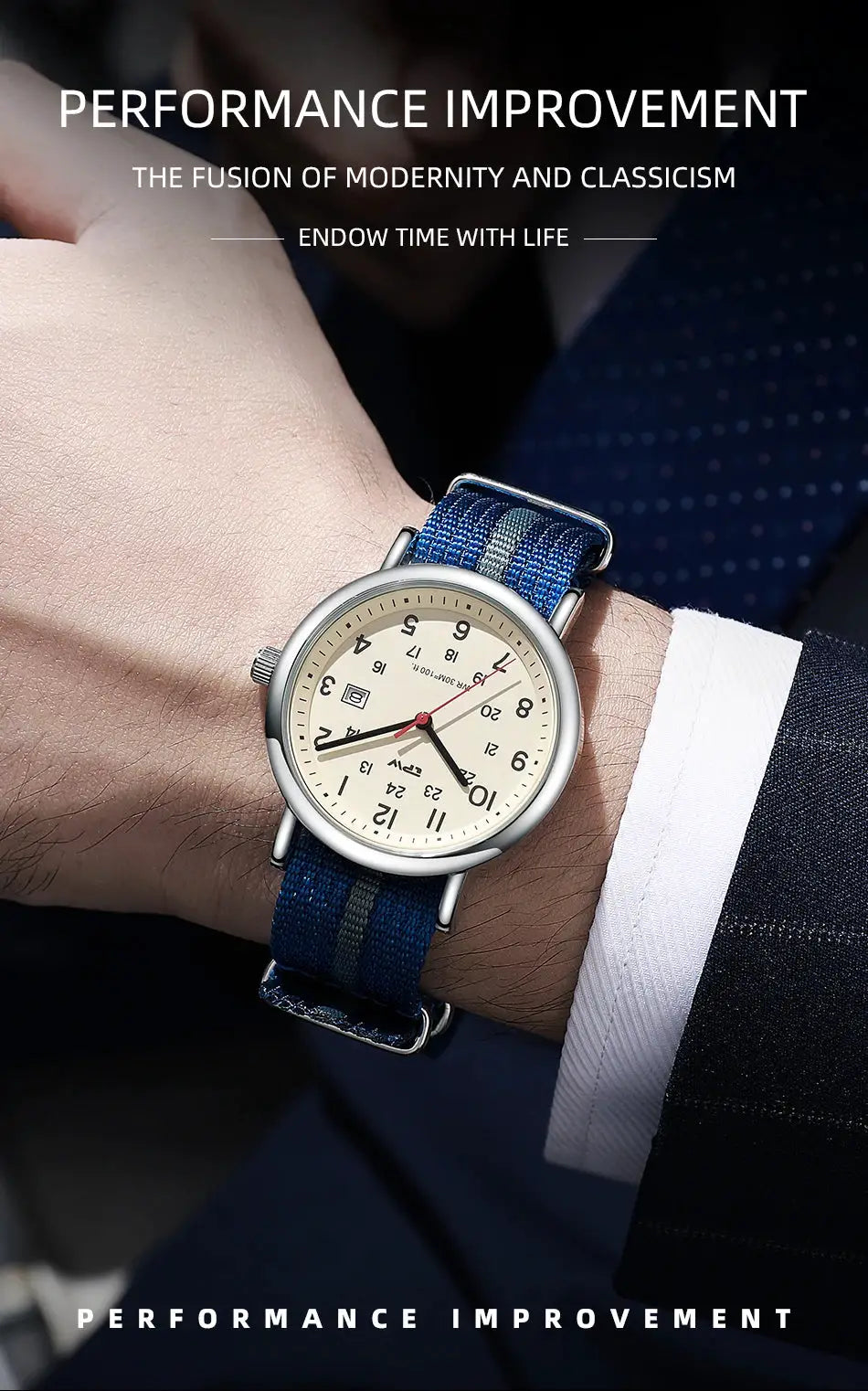Field watch by Simples Market, 2026 TPW with blue fabric strap, beige dial, 24-hour display, date window, quartz movement