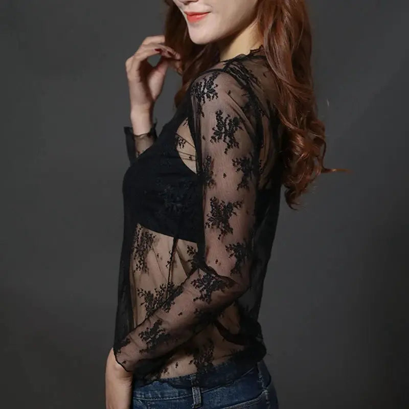 AstraNova Mesh Couture Black Hollow Out Turtleneck Top Sheer See Through Long Sleeve Womens Shirt