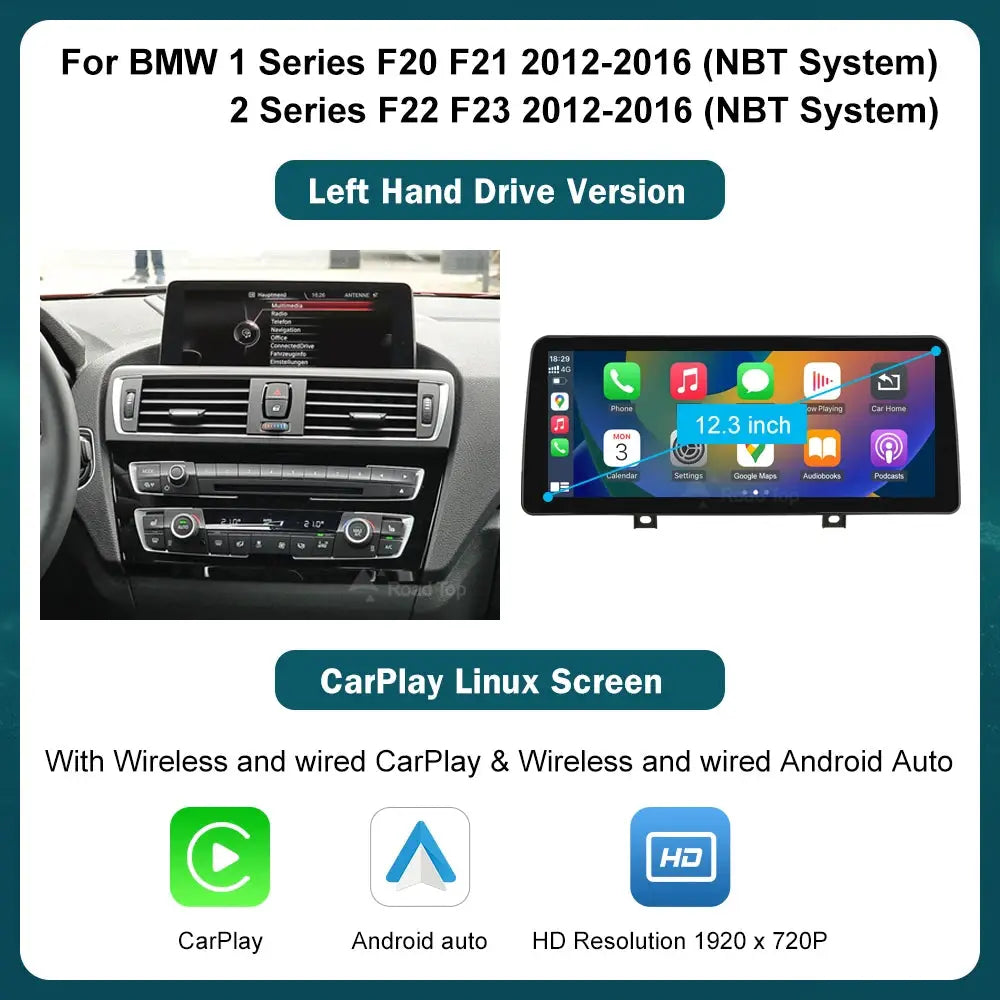 12.3-inch wireless CarPlay Android Auto multimedia display for BMW