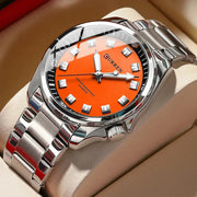 Curren 8451 men's stainless steel wristwatch with orange dial, silver bracelet, water resistant quartz