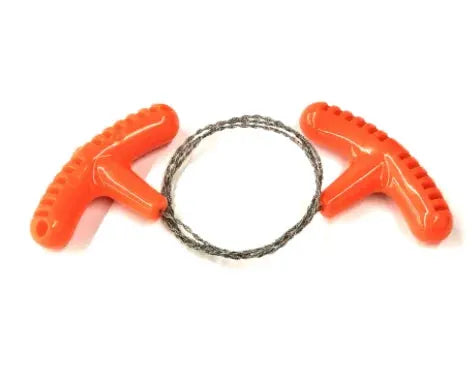Manual rope chain saw with orange handles and steel wire rope for camping and survival.