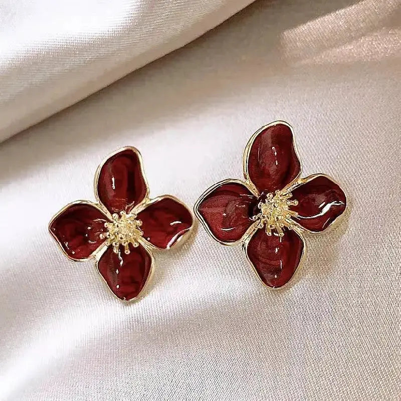 Korean Fashion Retro Drip Glaze Red Flower Earrings For Women Delicate Luxury Jewelry Gift For Engagements