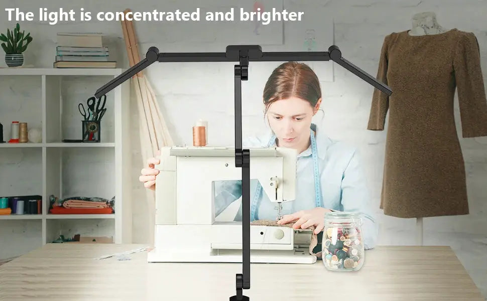 Led desk lamp with clamp, black with adjustable arms for sewing and home office.