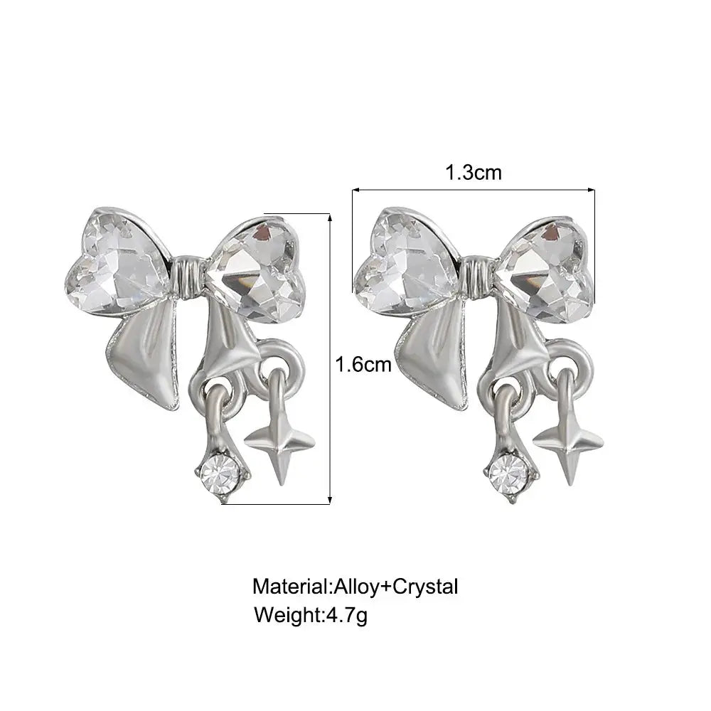 Y2K Bowknot Zircon Stud Earrings For Women Pink Crystal Silver Tone Korean Fashion Party Jewelry Gifts
