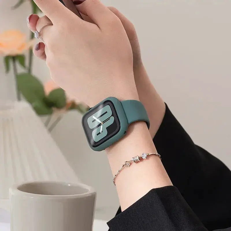 Tempered-glass Apple Watch case in teal with protective screen cover