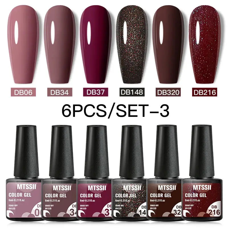 Gel nail polish set by Simples Market; 6-piece assortment in pinks to burgundy with glitter finishes