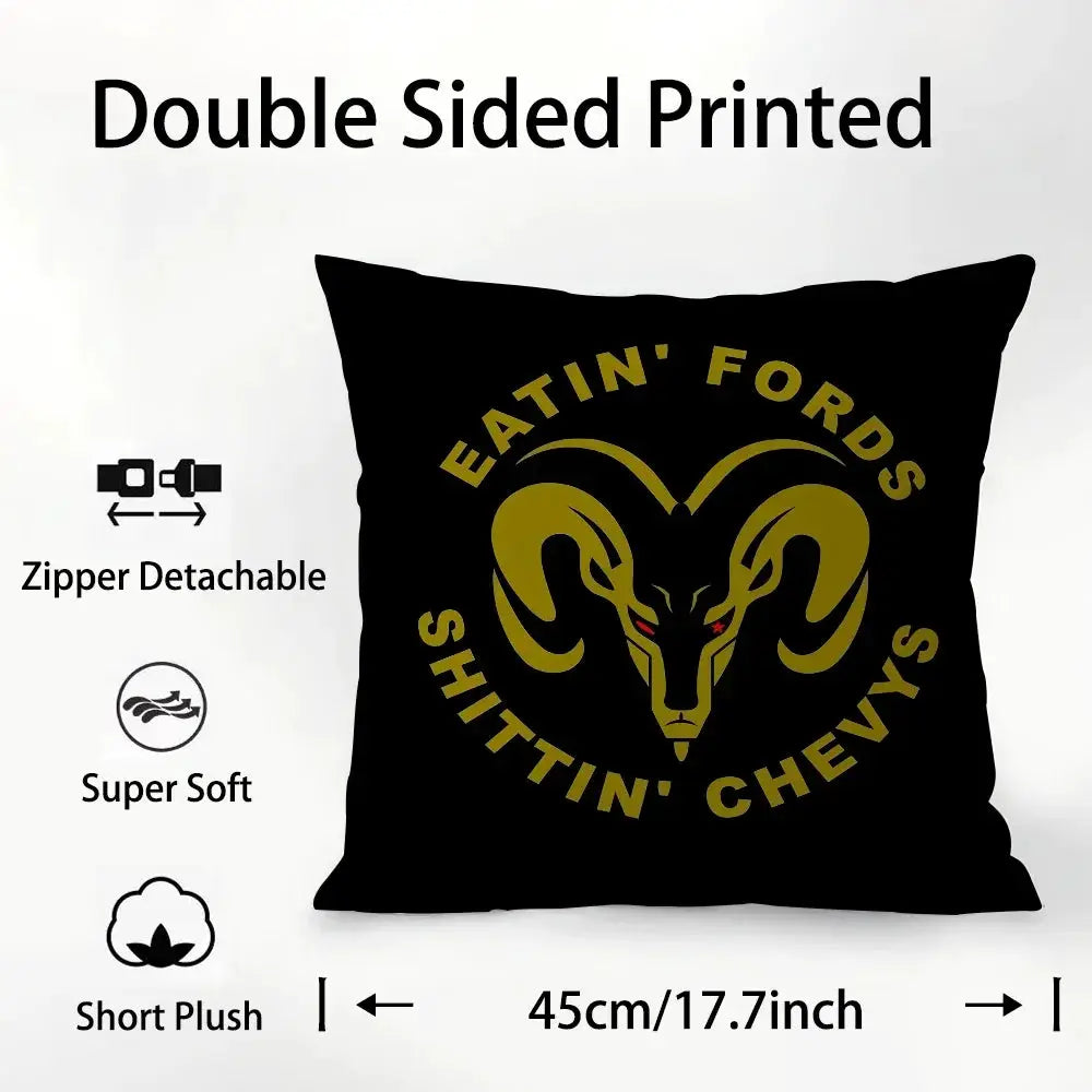 Car logo pillow cover, black with gold ram head, double-sided, 45cm (17.7in), zipper detachable, plush fabric