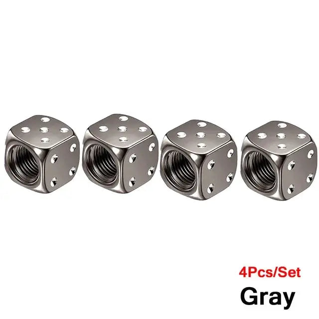 Aluminum dice tire valve caps, gray, 4-piece set for cars, trucks, motorcycles and bikes