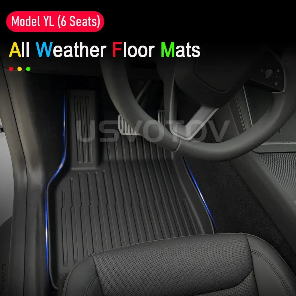 USVOTOV all-weather floor mats for 2026 Tesla Model YL with blue-edged driver footwell mat