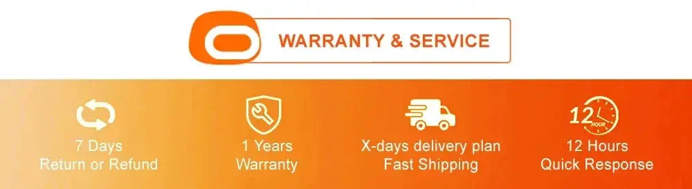 Warranty & Service banner with orange gradient, showing return, warranty, fast shipping and quick response icons.