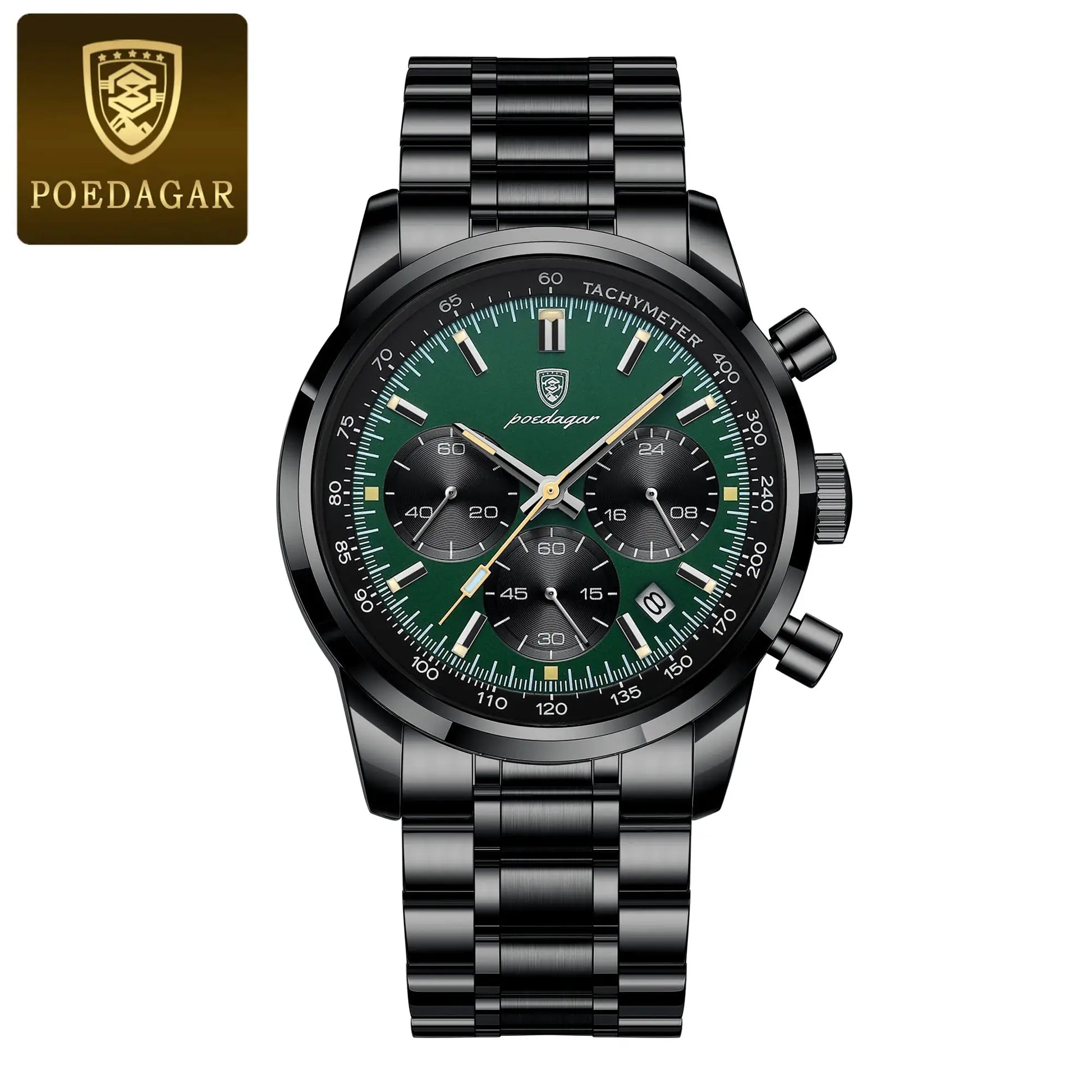POEDAGAR luxury black stainless steel men’s watch with green dial and chronograph