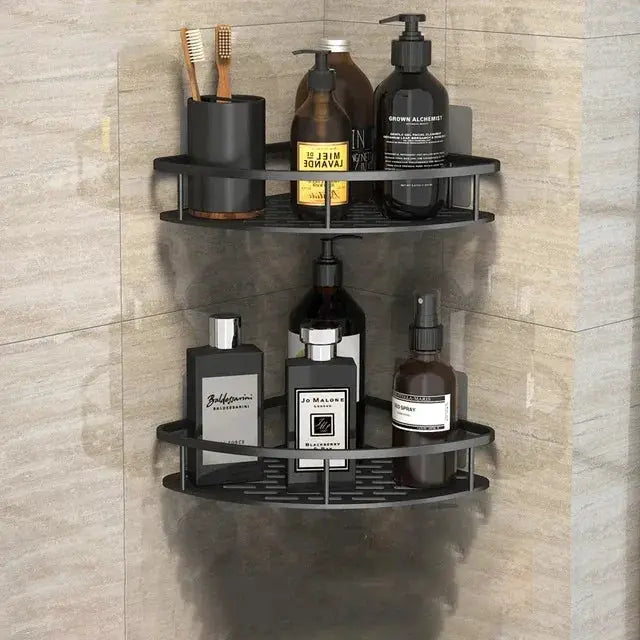 Bathroom corner wall-mount shelf, black metal, no-drill design, holds bottles and bathroom accessories