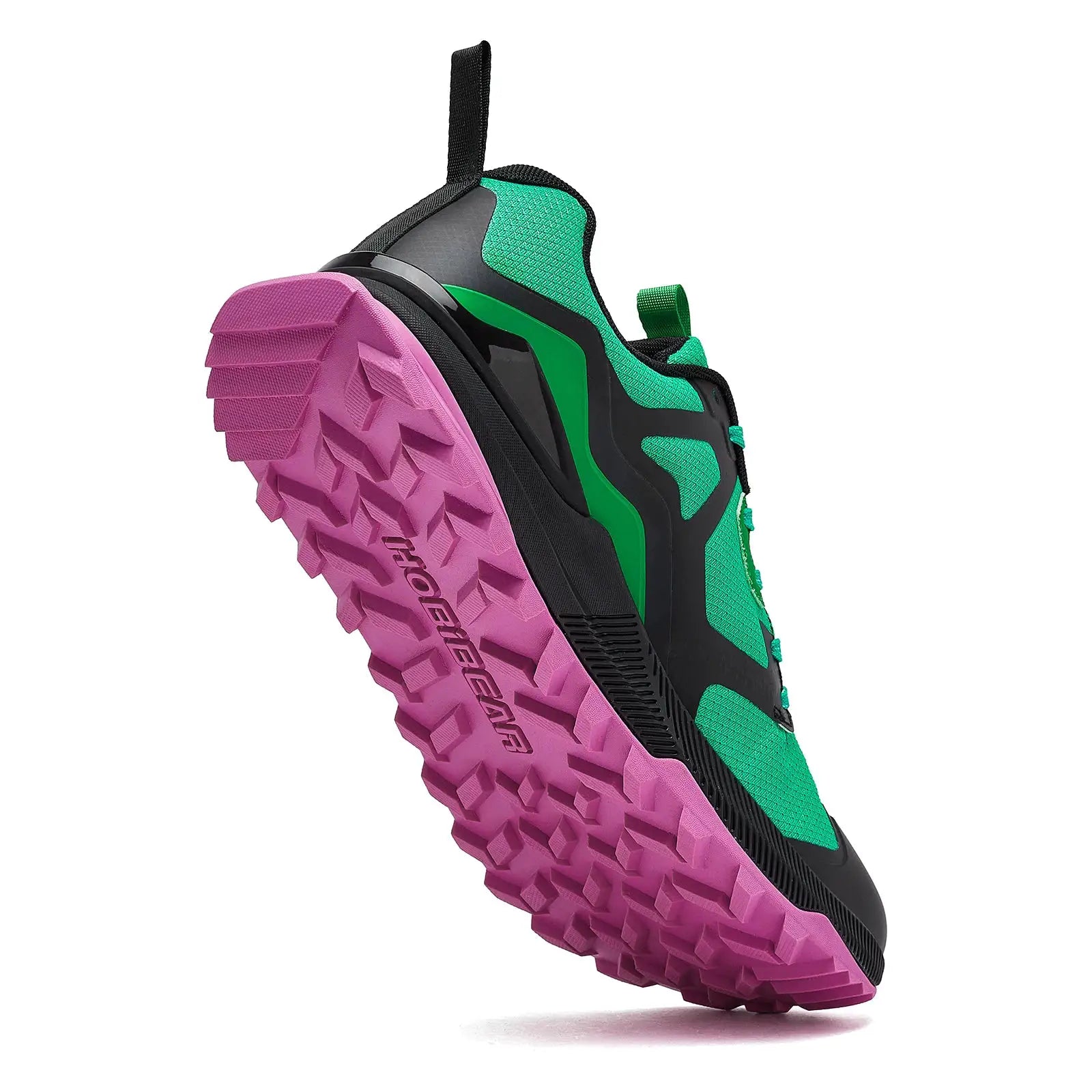 HOBIBEAR unisex hiking shoe with green mesh upper, black overlays, and pink rugged outsole