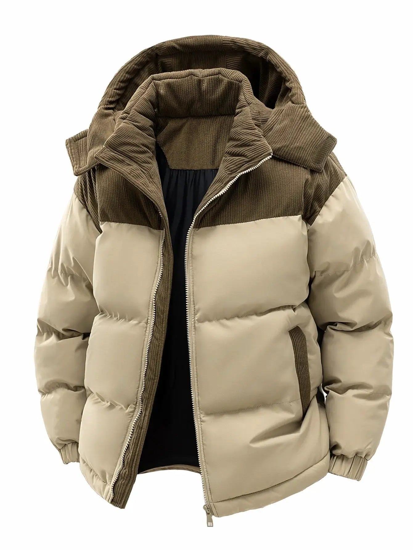 Men's hooded cotton puffer jacket in beige with brown corduroy yoke and hood, thick insulated