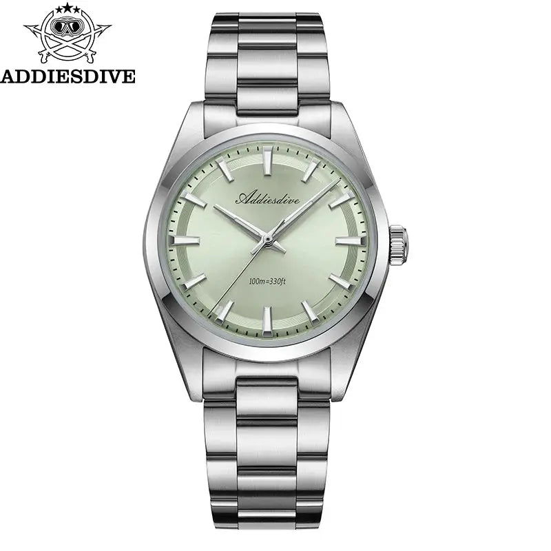 Addiesdive men's stainless steel watch with green dial, 36mm AD2066, 100m water resistant