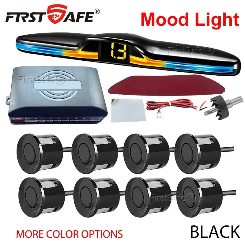 FirstSafe eight black radar parking sensors kit with mood-light display, backup monitor and control box