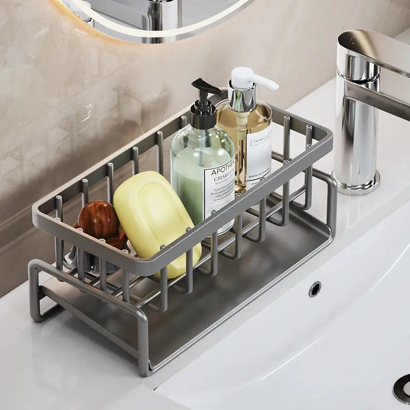 Simples Market stainless steel sink drain rack for kitchen, holds bottles and sponge, with dishcloth storage