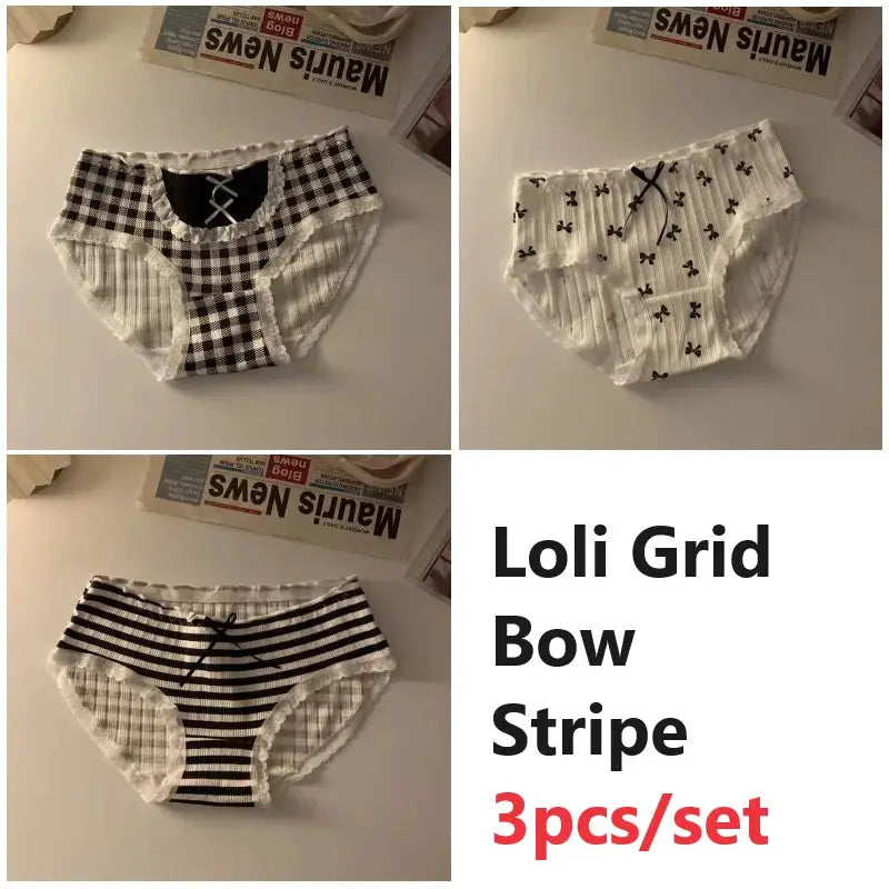 3pcs cotton seamless panties set; mid waist briefs in gingham, butterfly bow accents, and striped designs.