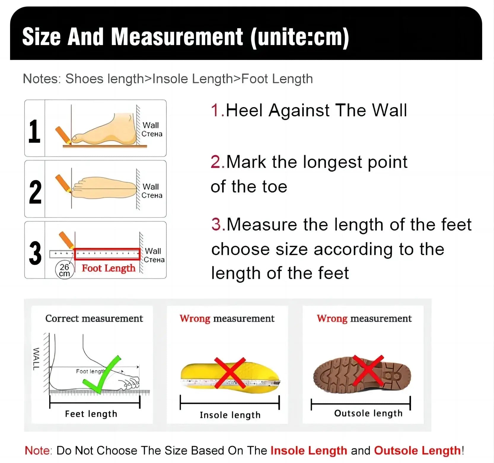 Simples Market men's canvas loafers size measurement guide; three diagrams show heel against wall, toe length, and foot length in cm.