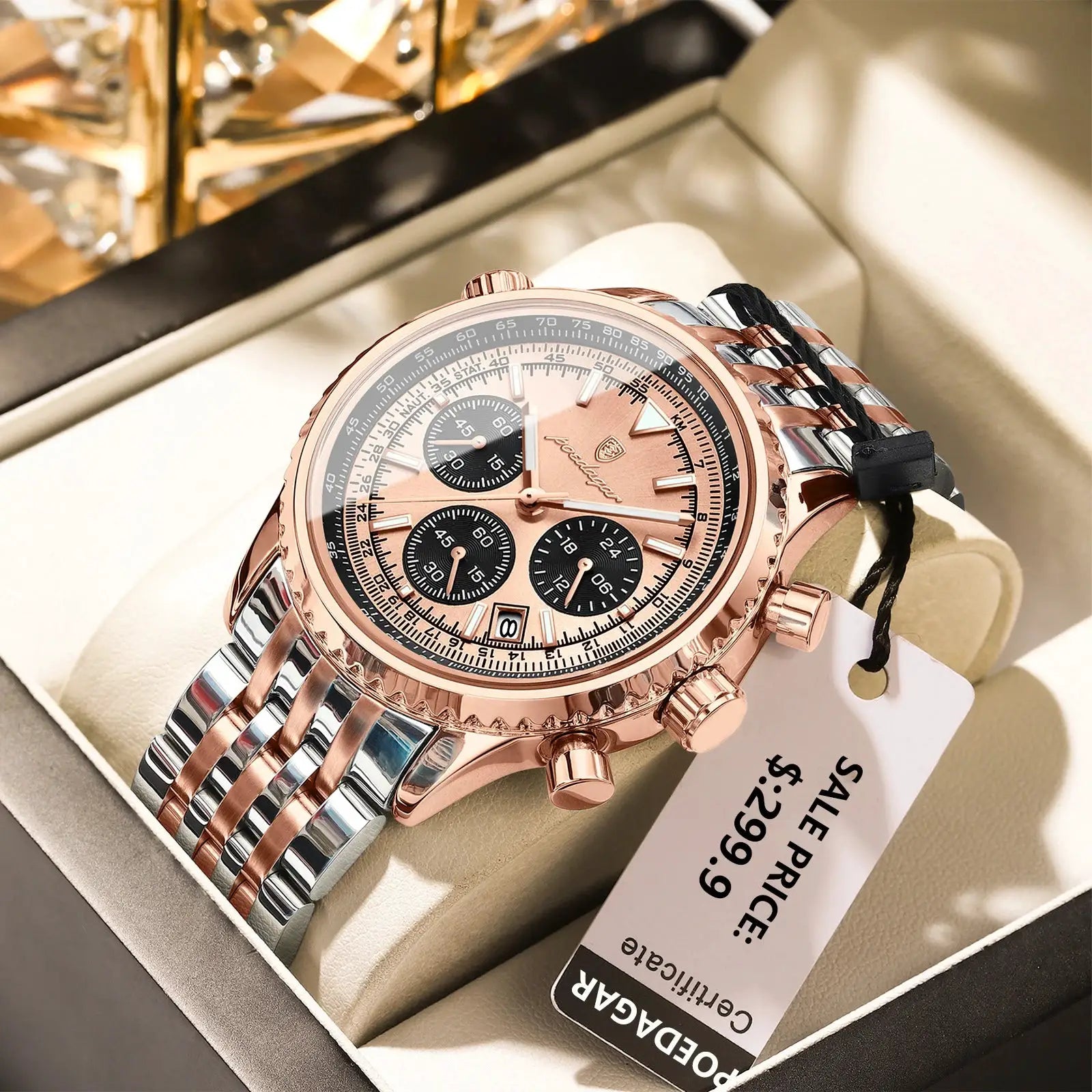 POEDAGAR luxury men's two-tone rose-gold stainless steel chronograph watch with date display and three black subdials