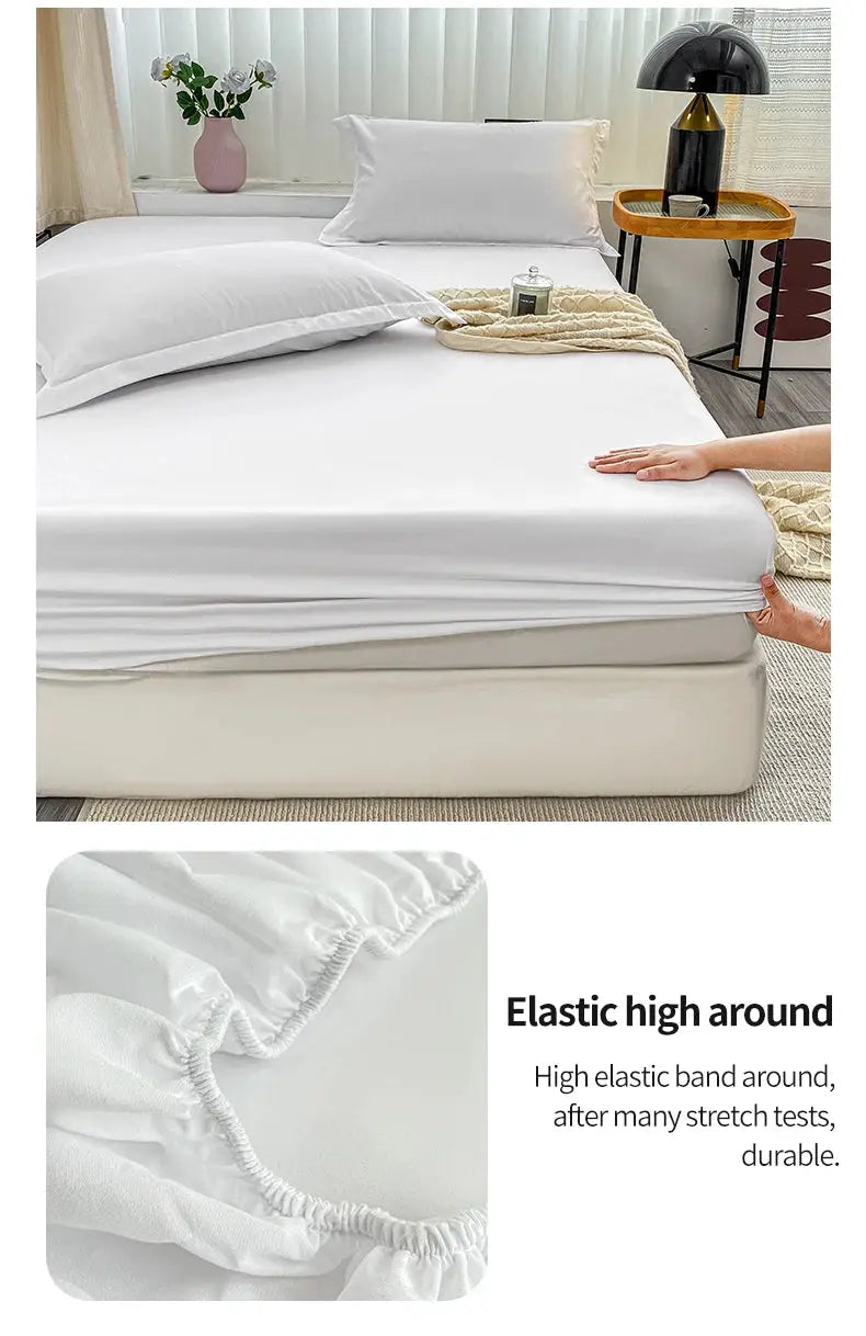 Fitted white bed sheet with elastic anti-slip edges for multiple mattress sizes (Single–Queen)