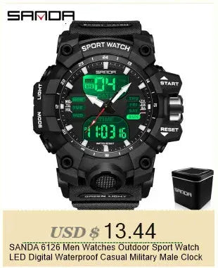 SANDA 6186 sport watch with black silicone strap; rugged digital-analog display with green backlight and box