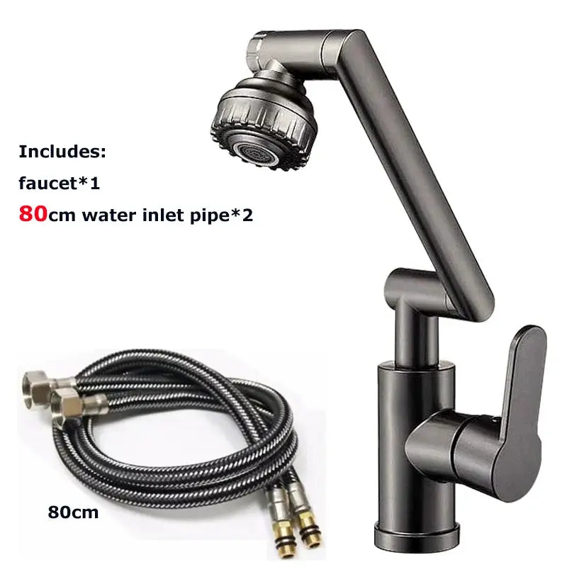 Dual-mode rotating faucet robotic arm for kitchen/bathroom with black finish and two 80cm inlet hoses.