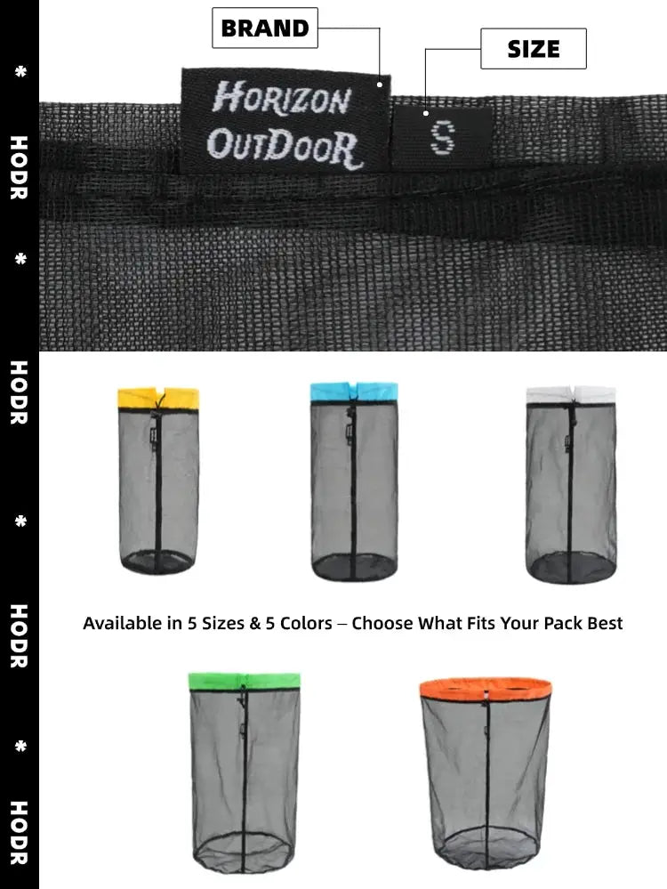 Simples Market HODR mesh stuff sacks; lightweight drawstring storage bags in gray with colored tops, 5 sizes/colors