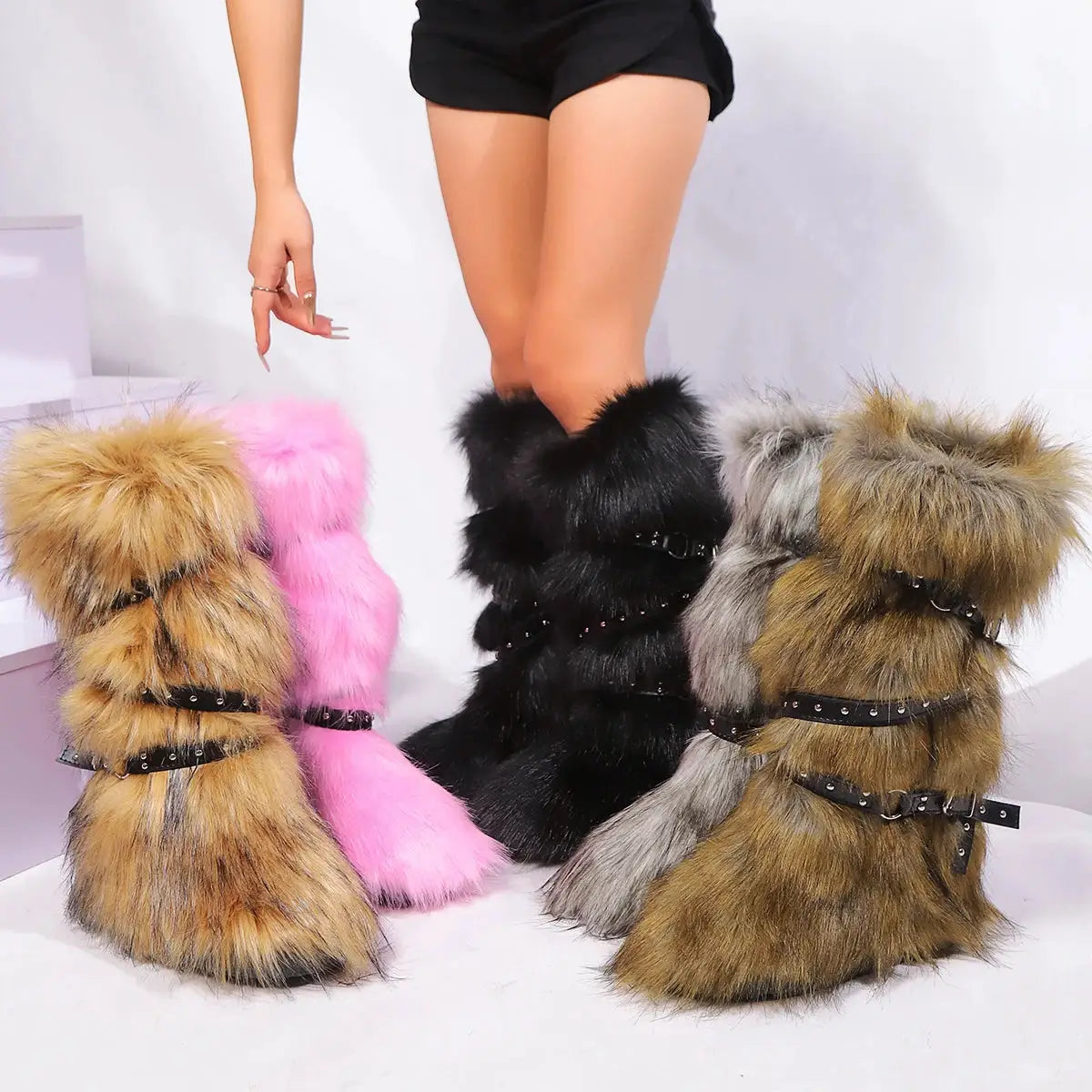 SnowNest Winter Faux Fur Snow Boots For Women Warm Plush Lined Platform Over Knee Boots