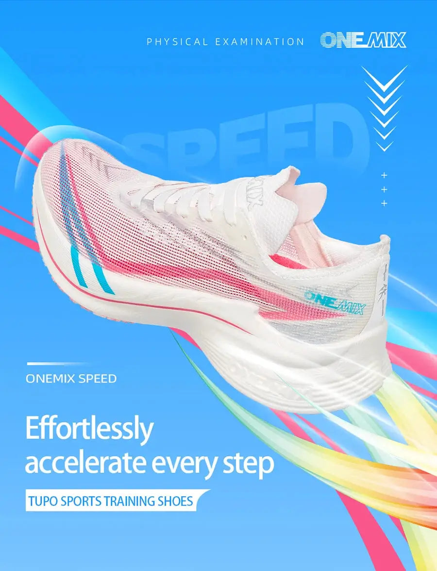 ONEMIX Marathon carbon-plate running shoes for men, white with pink and blue accents