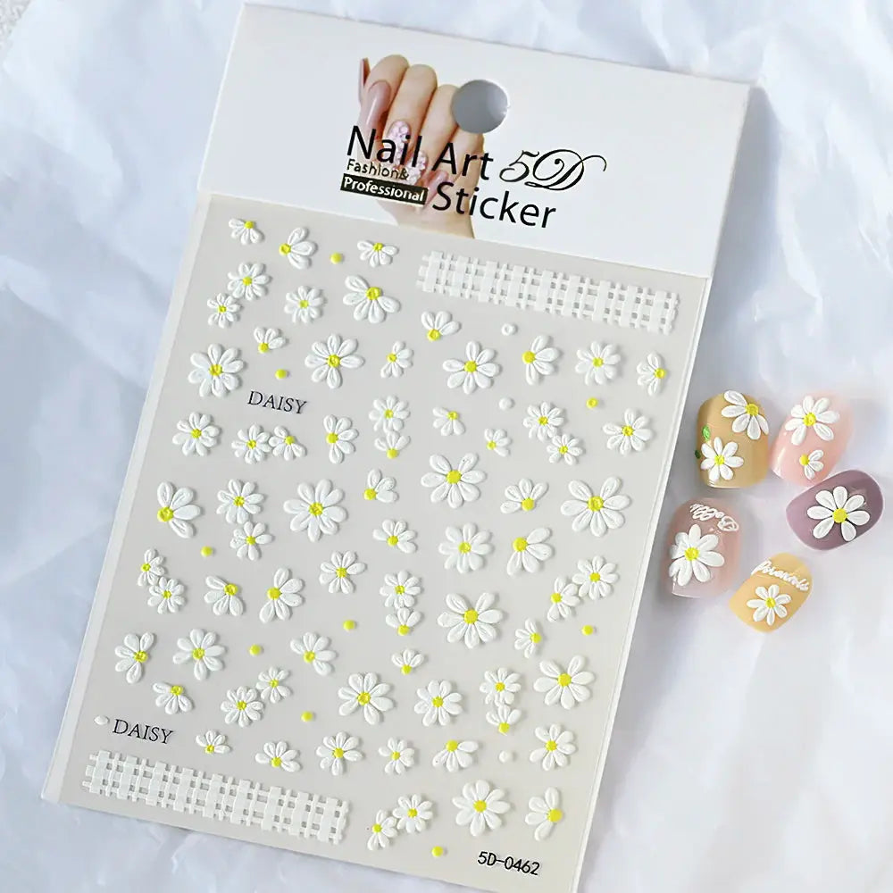 Simples Market 5D nail art stickers: daisy flower decals sheet with white petals and yellow centers