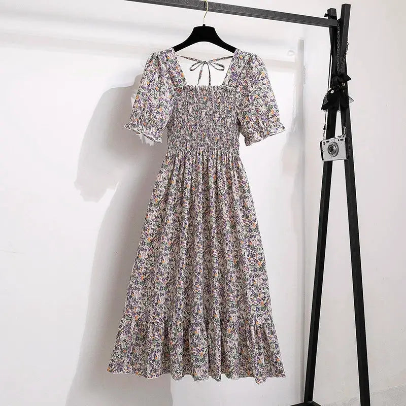 Chiffon Spring Summer A Line Dress For Women With Elastic Waist Pleated Short Sleeve Casual Flattering Fit