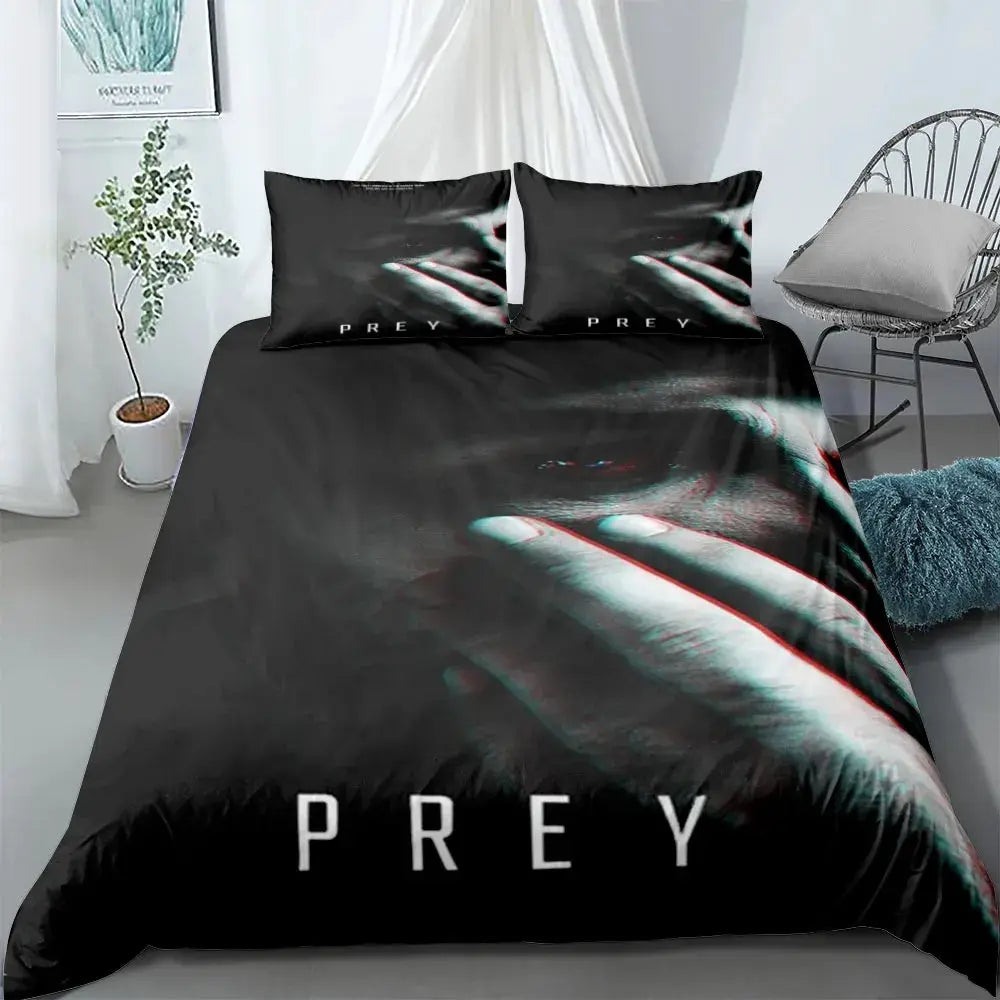 Strange Duvet Cover Set in black-gray with PREY text on two pillowcases, king/queen size