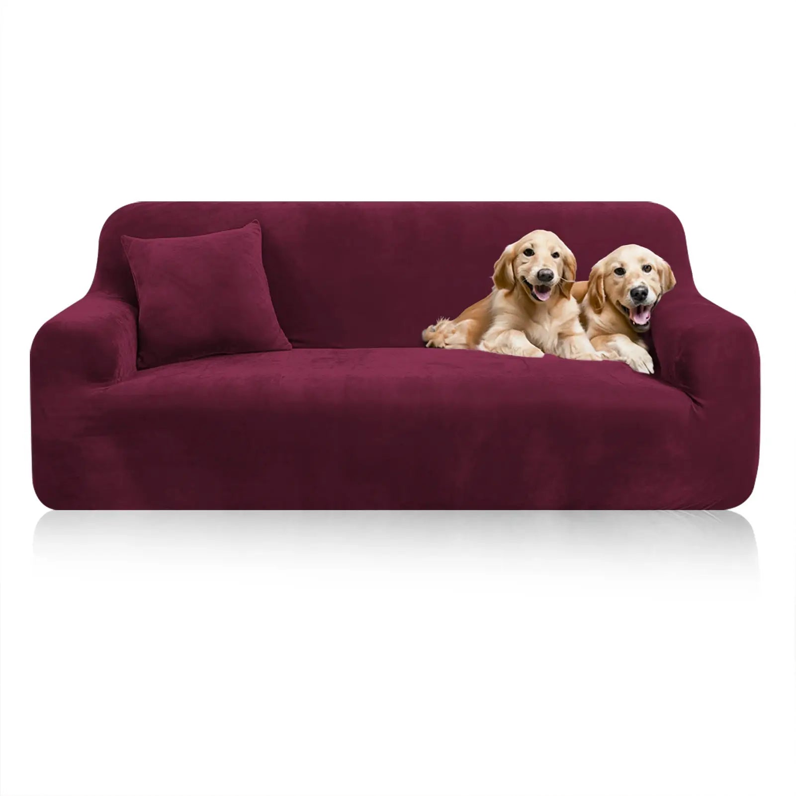 Stretch velvet sofa cover in burgundy for 3–4 seat couch with two dogs sitting on it