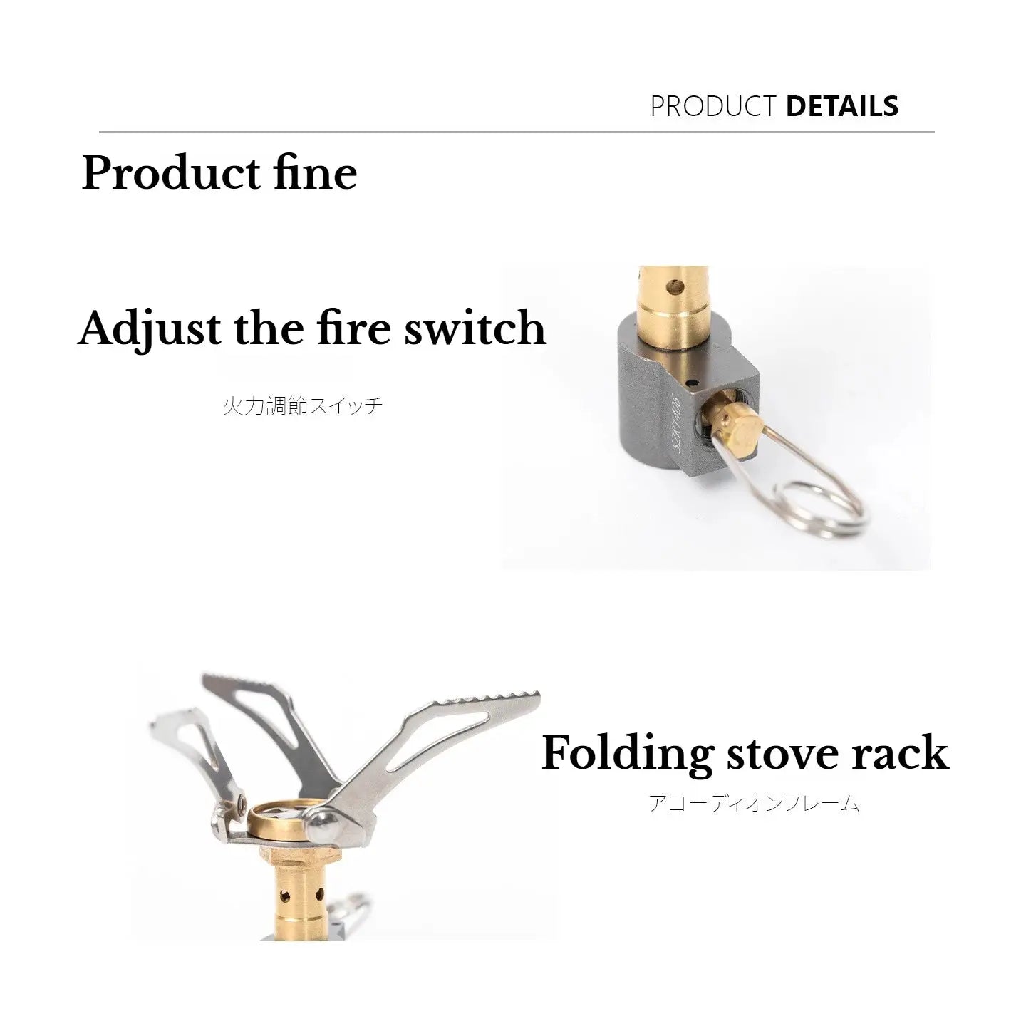 MK-3000W mini portable camping gas burner with brass valve and gray body; folding stove rack