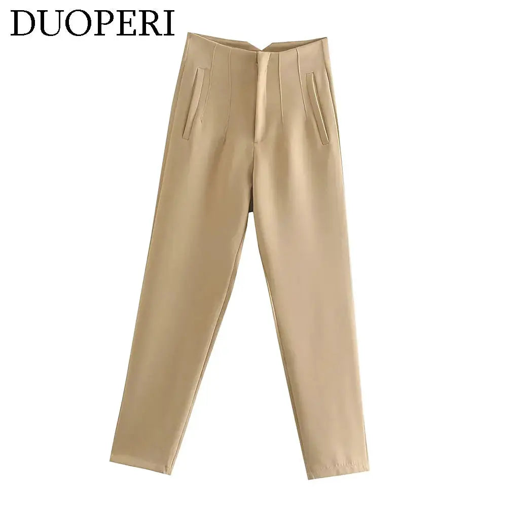 Duoperi Women High Waist Trousers Solid Color Premium Polyester Blend for Comfort and Flattering Fit