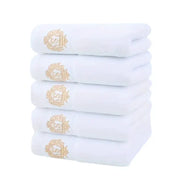 5pc white cotton towel set with embroidered gold crest by Simples Market