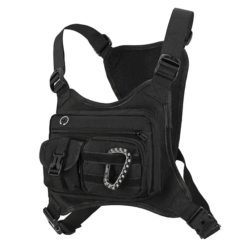 Simples Market black tactical chest bag with multiple pockets and carabiner.