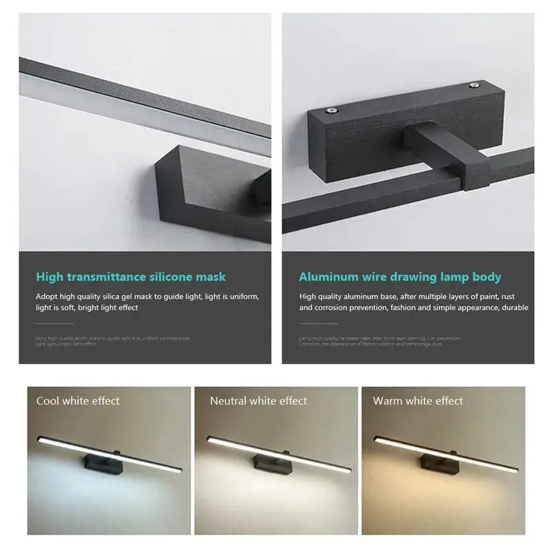 LED mirror wall lamp by Simples Market, black aluminum, waterproof bathroom lighting with cool/neutral/warm white