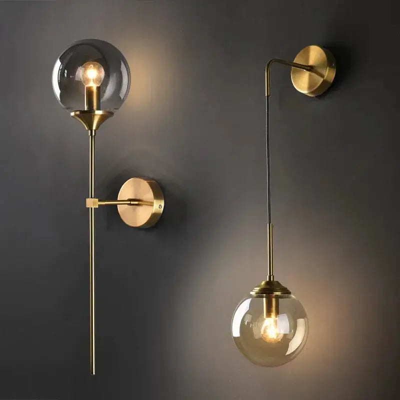 Simples Market golden brass modern glass wall lamp set; round glass globes, wall sconce and pendant (2)