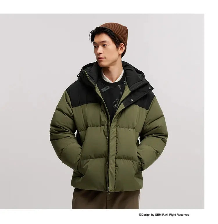 Semir men's down jacket, olive green with black shoulder panel, padded puffer coat