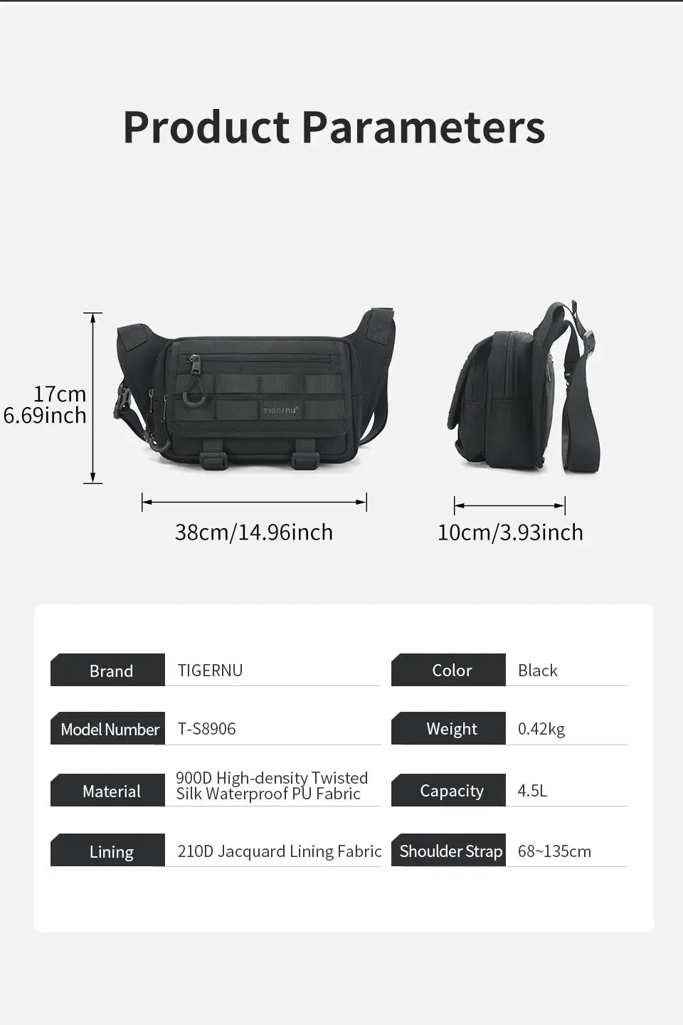 Tigernu black men's chest bag with PU fabric, compact outdoor crossbody sling bag for hiking