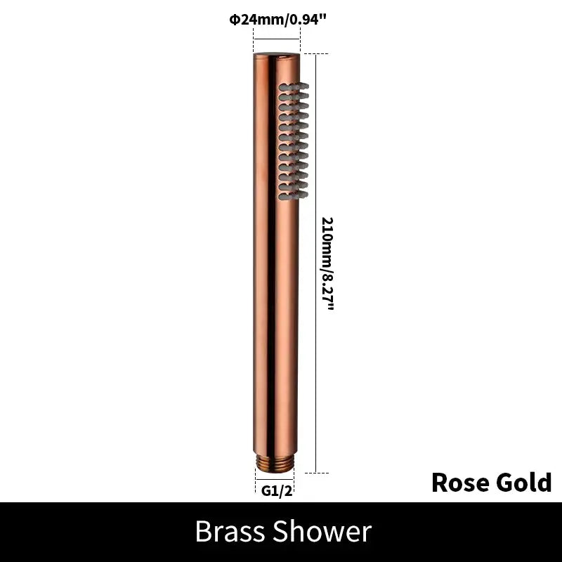 Rose gold brass handheld shower head with side spray, 210mm length.