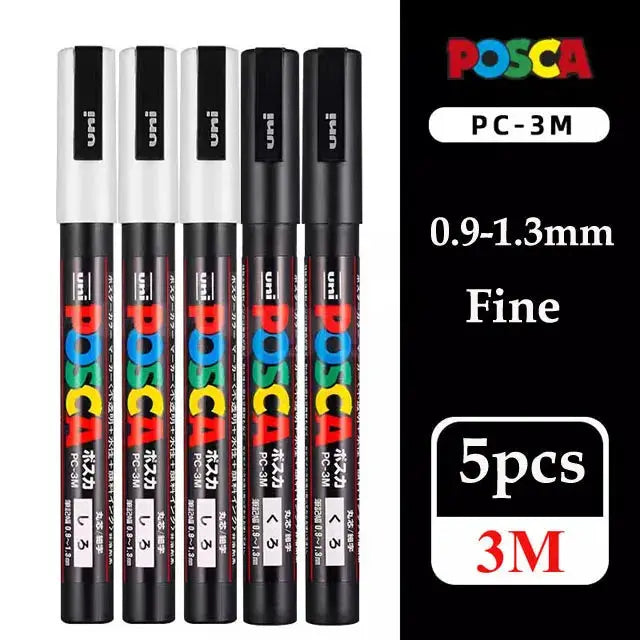 Uni Posca PC-3M paint marker pens set of 5 with original vinyl case, poster colour pigment ink