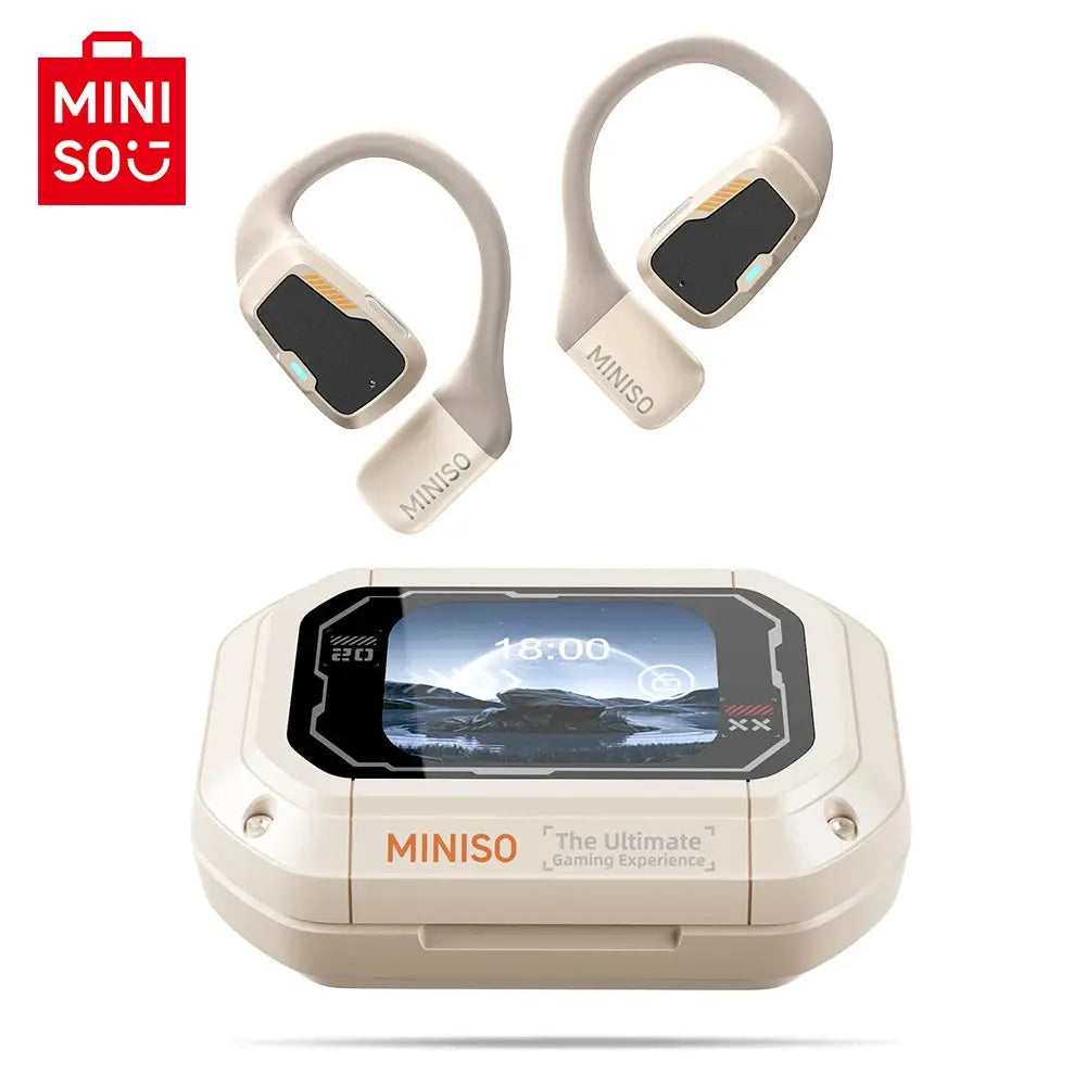 MINISO AI M98 wireless earbuds pair in beige with LCD touchscreen charging case