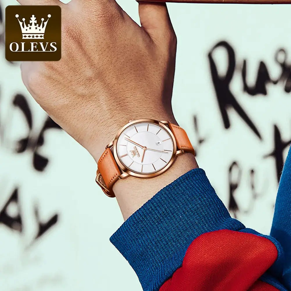OLEVS men's ultrathin watch with tan leather strap, rose-gold case, white dial and date window