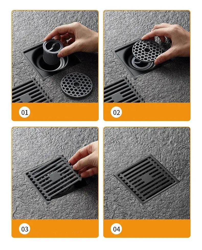 Simples Market 10cm square stainless steel floor drain with removable cover and odor-filter grid