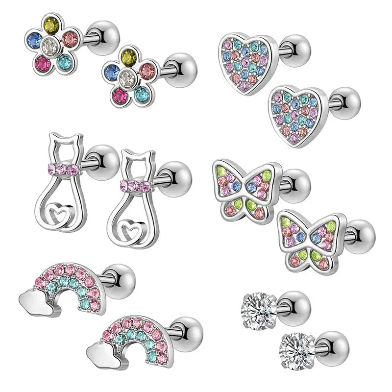 Six Pairs Hypoallergenic Screw Back Earrings For Women Girls 316L Stainless Steel CZ Stud Earrings Set 20G