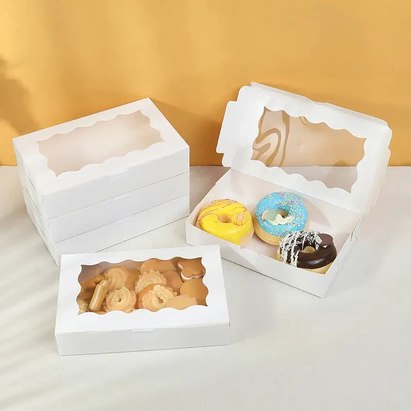 White cardboard gift boxes with window; 5–20 pcs set, ideal for cookies, donuts, chocolates and gifts.